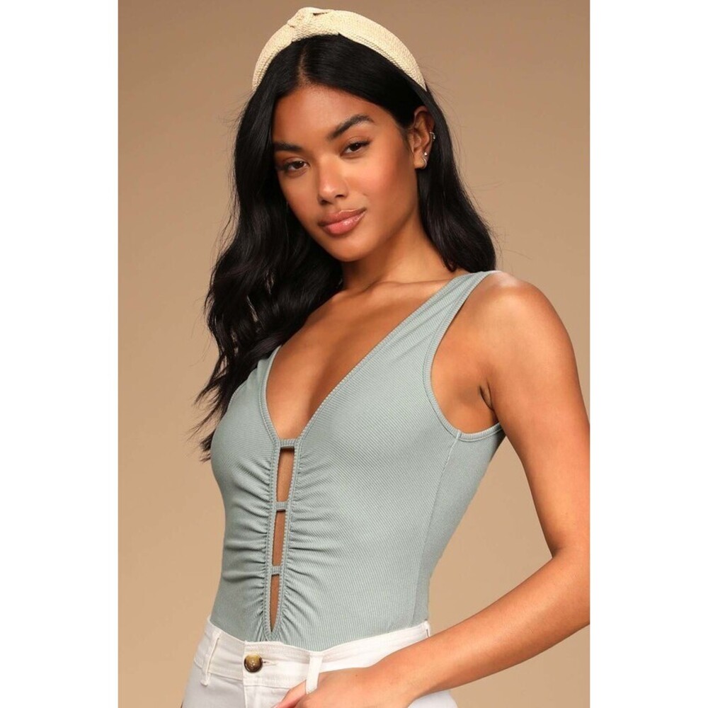 Lulus The Final Cut Light Sage Green Ribbed Cutout Bodysuit - Size S